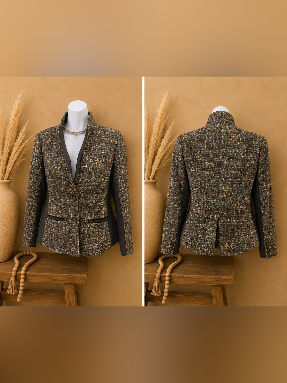 Trina Turk Olive Multi Tweed Blazer with Charcoal Panels